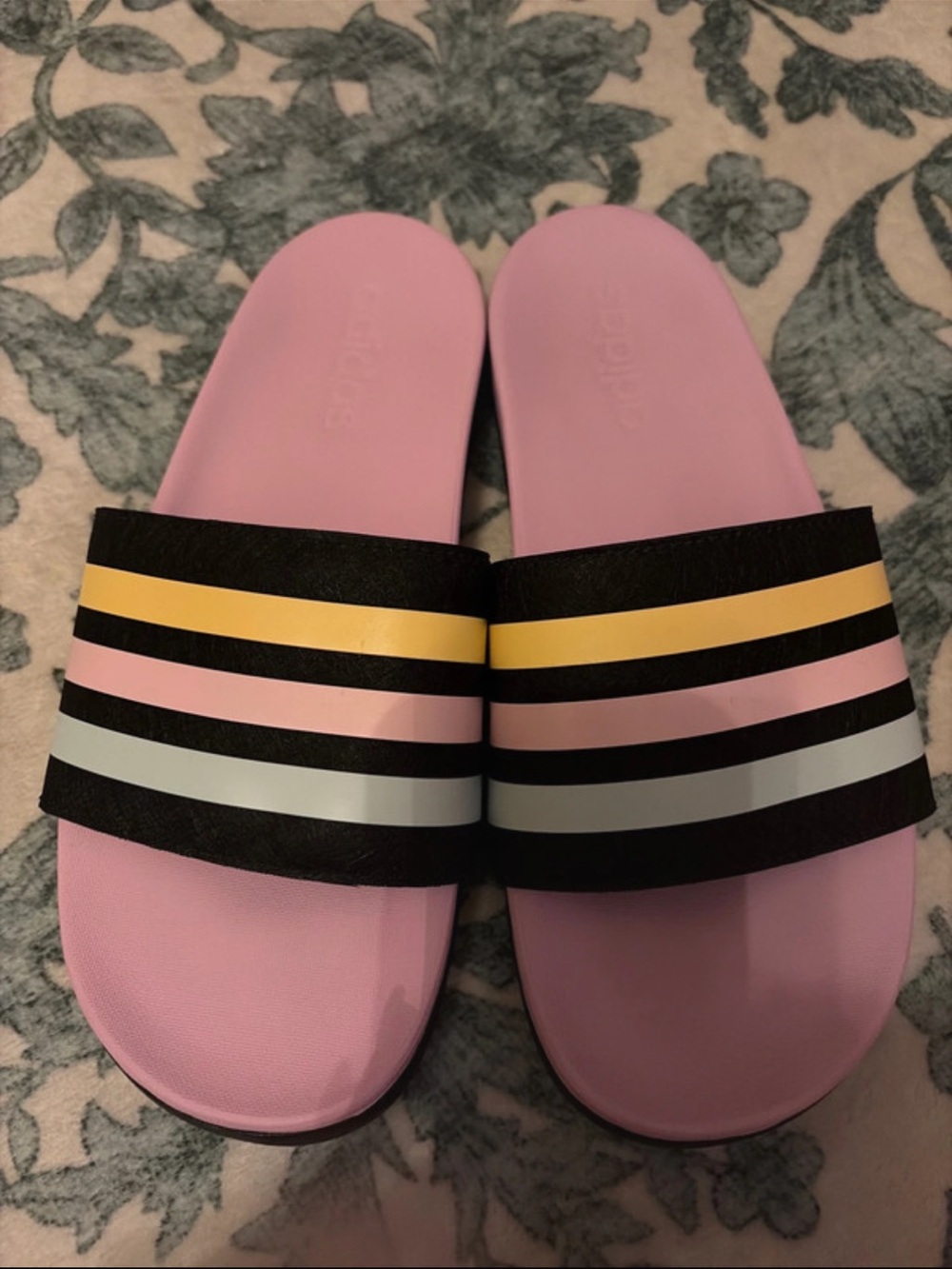 adidas Pink Slide Sandals with Black and Pastel Stripe Detail